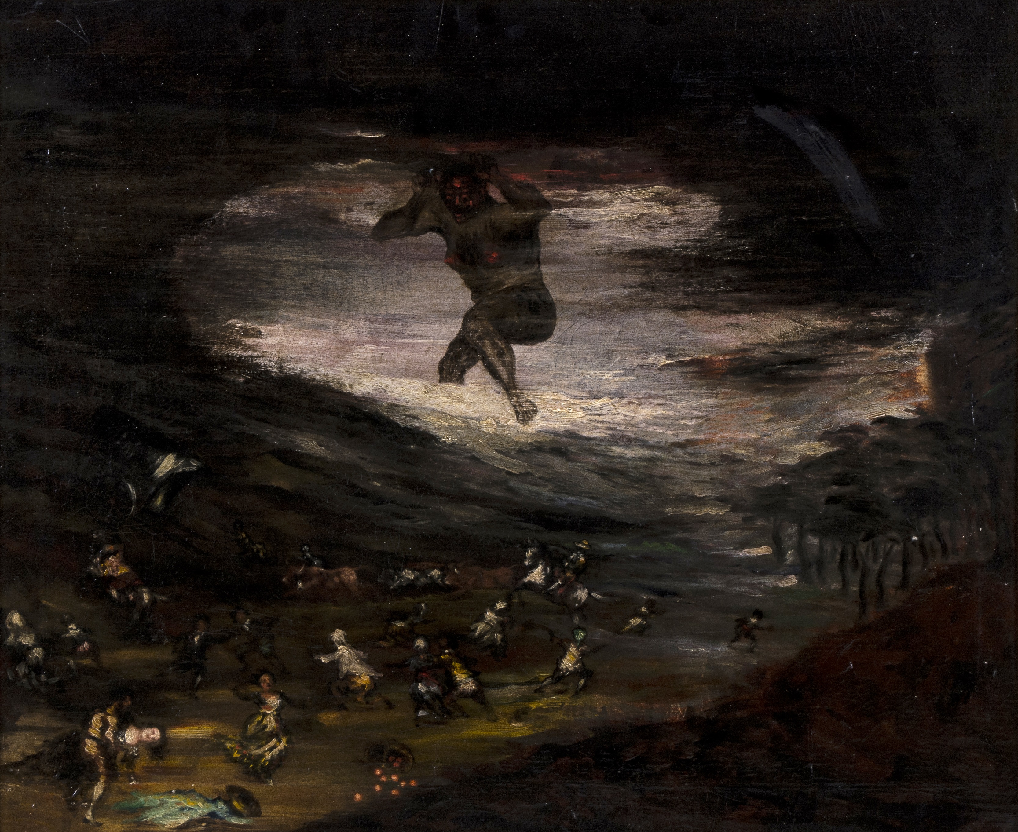 Eugenio Lucas Velazquez (1817-1870) - A demon appearing from mist, scattering a crowd Oil on