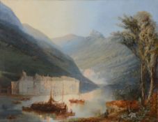 James Baker Pyne (1800-1870) - Fishing boats on a loch, with a waterside village in a valley Oil