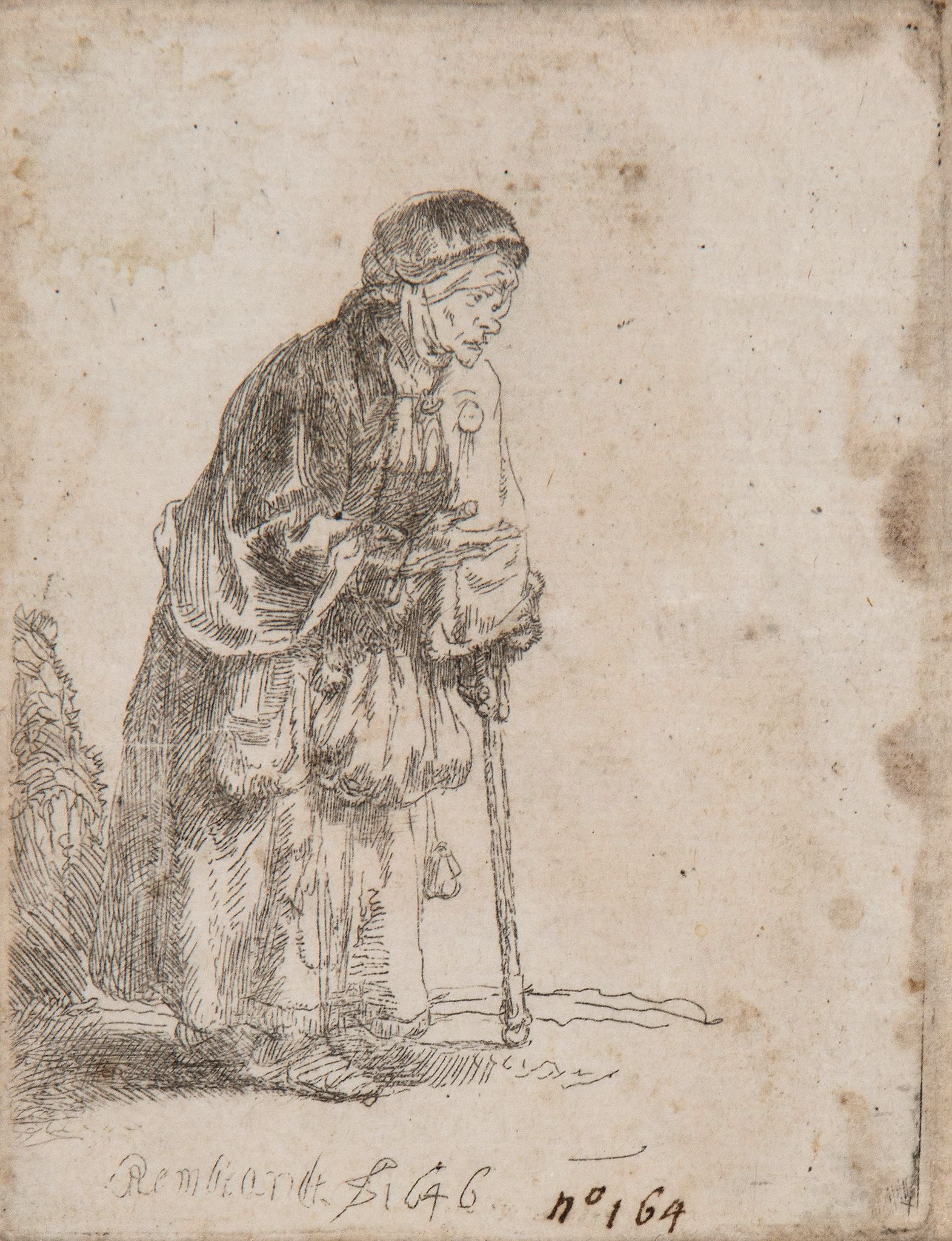 Rembrandt van Rijn (1606-1669) - Beggar Woman Leaning on a Stick Etching, on laid paper Inscribed