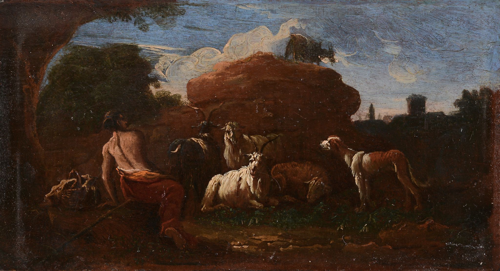 Follower of Philipp Peter Roos (1657-1706) - Goatherd resting with cattle, goats, and sheep, in an