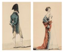 French School (19th Century) - A la mode A pair, pen and grey ink, watercolour heightened with