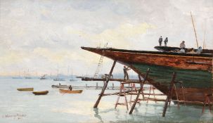 Alfred Harvey Moore (1843-1905) - Boat builders working in a harbour Oil on paper Signed and dated