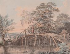 George Samuel (1785-1823) - Fishing by a footbridge Watercolour, on wove paper 27 x 34.5 cm. (10 5/8