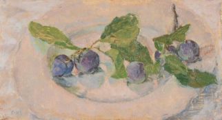 Diana Armfield (b.1920) - Welsh plums Oil on board Initialled   DMA   lower left 12 x 21 cm. (4 3/