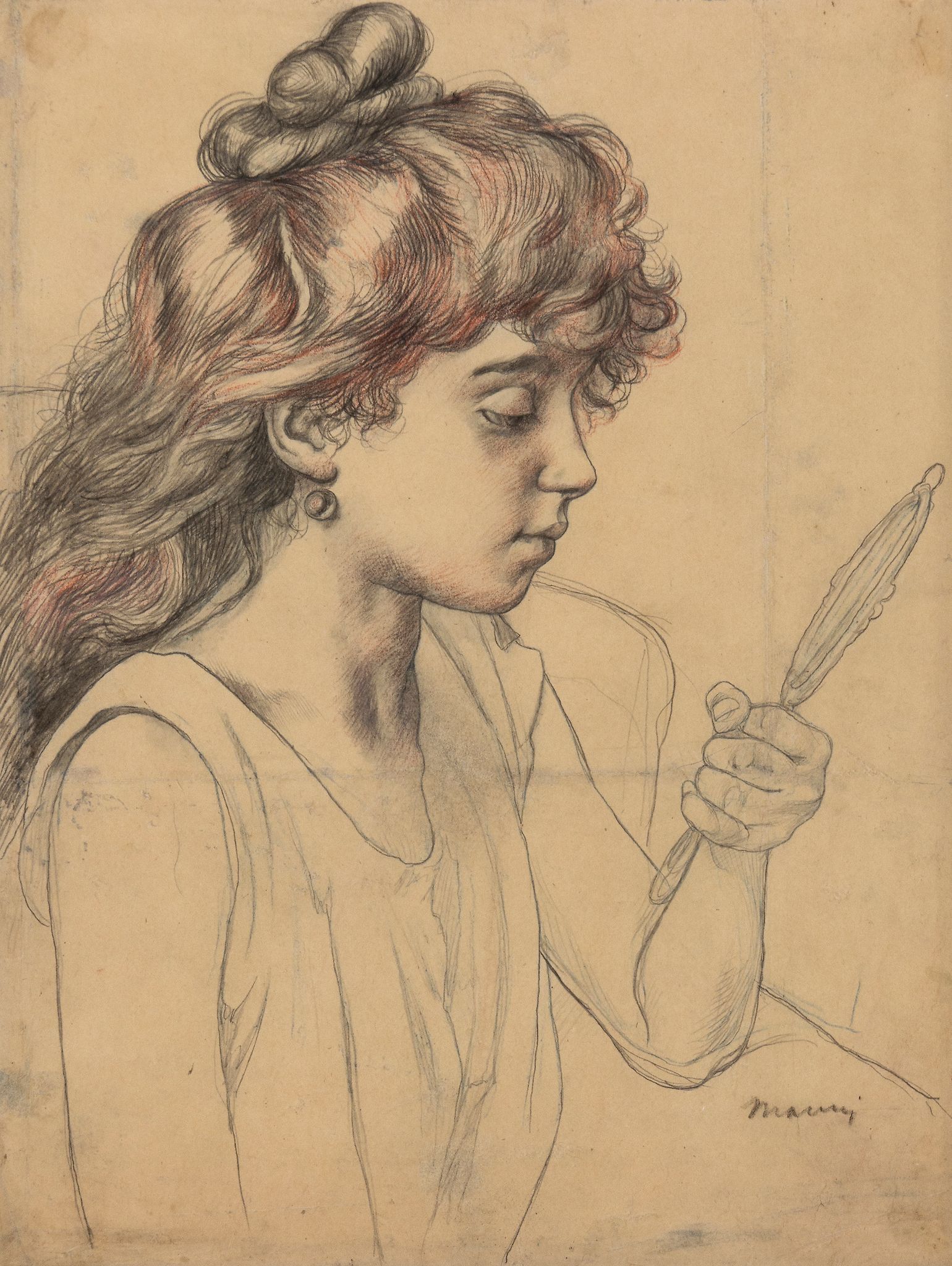 Charles Maurin (1856-1914) - Portrait de Mademoiselle Debray Graphite, black and red chalks, on buff