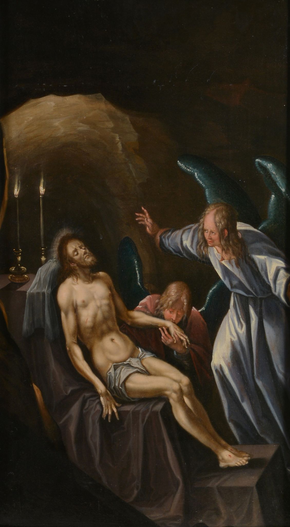 Follower of Albrecht Altdorfer (1480-1538) - The Dead Christ with Angels Oil on panel 64 x 36 cm. (