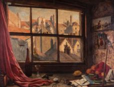W. H. Woods (fl.1840-1860) - Looking out of the artist's studio window, with Bristol Cathedral in