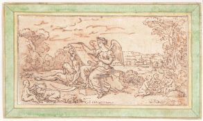 French School (17th Century) - Allegorical scene with Time resting beside an angel writing Pen and