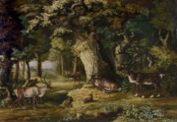 Manner of Johann Melchior Roos (1663-1731) - A herd of stag and a fawn in a woodland landscape Oil