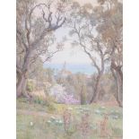 Beatrice Parsons (1870–1955) - Woodland view overlooking a church, with the ocean beyond Watercolour