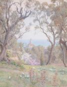 Beatrice Parsons (1870–1955) - Woodland view overlooking a church, with the ocean beyond Watercolour