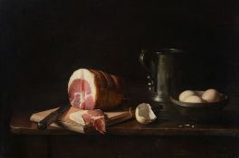 Jan Hendrik Eversen (1906-1995) - A still life with ham, eggs and a pewter tankard Oil on canvas