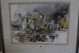 Patrick Collins (20th Century) Harbour street scene Pen and wash Signed lower right 29cm x 40cm; And
