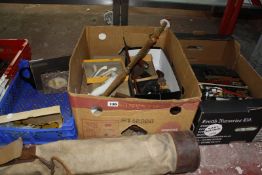A quantity of collectable items to include golf clubs, horse brasses, artist materials, barometer,