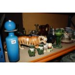 A quantity of ceramic and glass items, to include a Melba Ware tiger, a Quimper tray and two cups