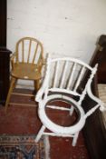 A Victorian white painted chair, pine childs high chair, two modern lamps, (sold as parts)
