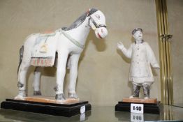 A Tang style horse burial statue, on plinth base, 24cm high and a figure, 23cm high -2