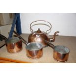 Four items of copper, to include a kettle and three pan-shaped measures. Best Bid