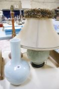 A Chinese celadon glazed lamp, another celadon glazed bottle vase and a painted table lamp -3