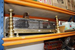 A brass fender, a pair of bellows and a pair of brass candlesticks -4