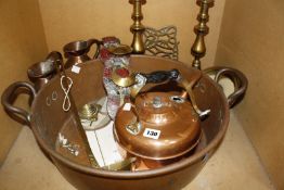 Miscellaneous metalware to include pans etc, a set of bellows, fire implements etc Best Bid