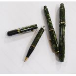 Conway Stewart, 45, a green marbled fountain pen, the nib stamped 14ct, with a lever filling system;