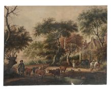 Dutch School (19th Century) Cattle watering in a woodland setting with horse and carriages and a