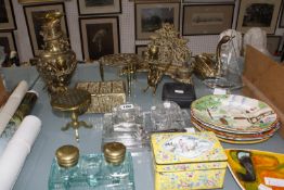 A selection of ceramics, glass and metalware items; to include a brass miniature tilt-top table,