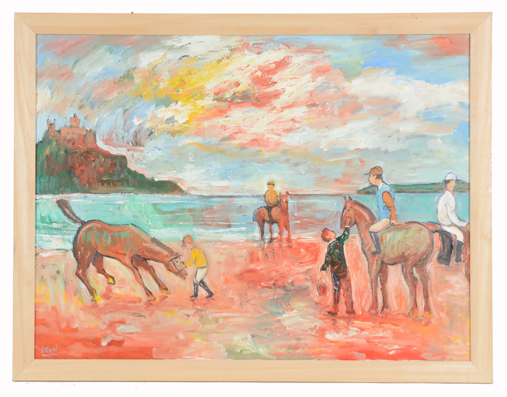 Simeon Stafford (b.1956) - Exercising the horses, St. Michael's Mount Acrylics on canvas Signed - Image 2 of 2