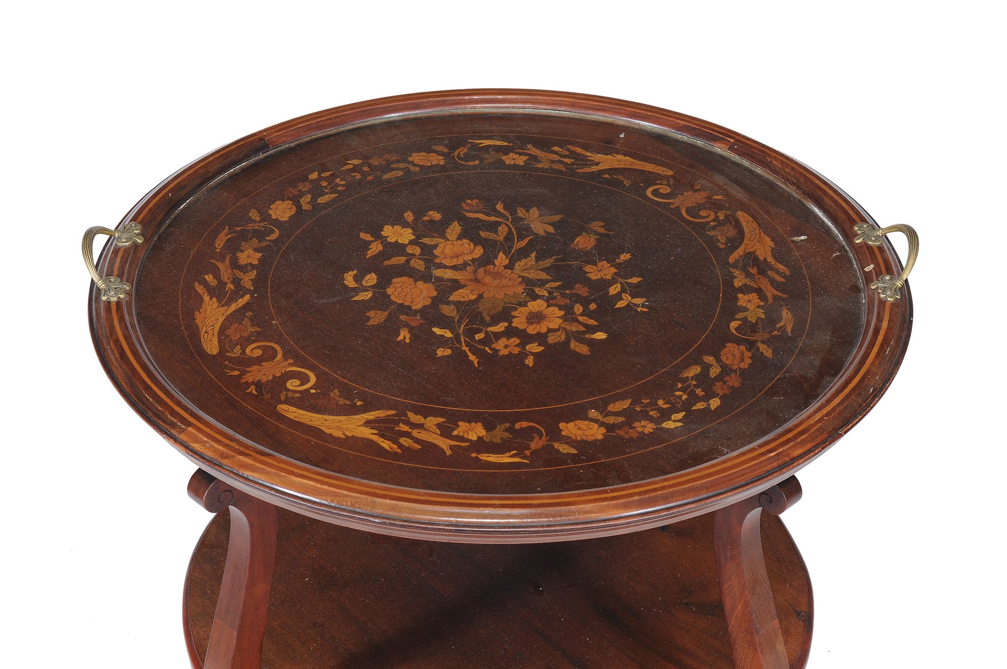 A Continental mahogany and marquetry circular two tier tray top table  A Continental mahogany and - Image 2 of 2