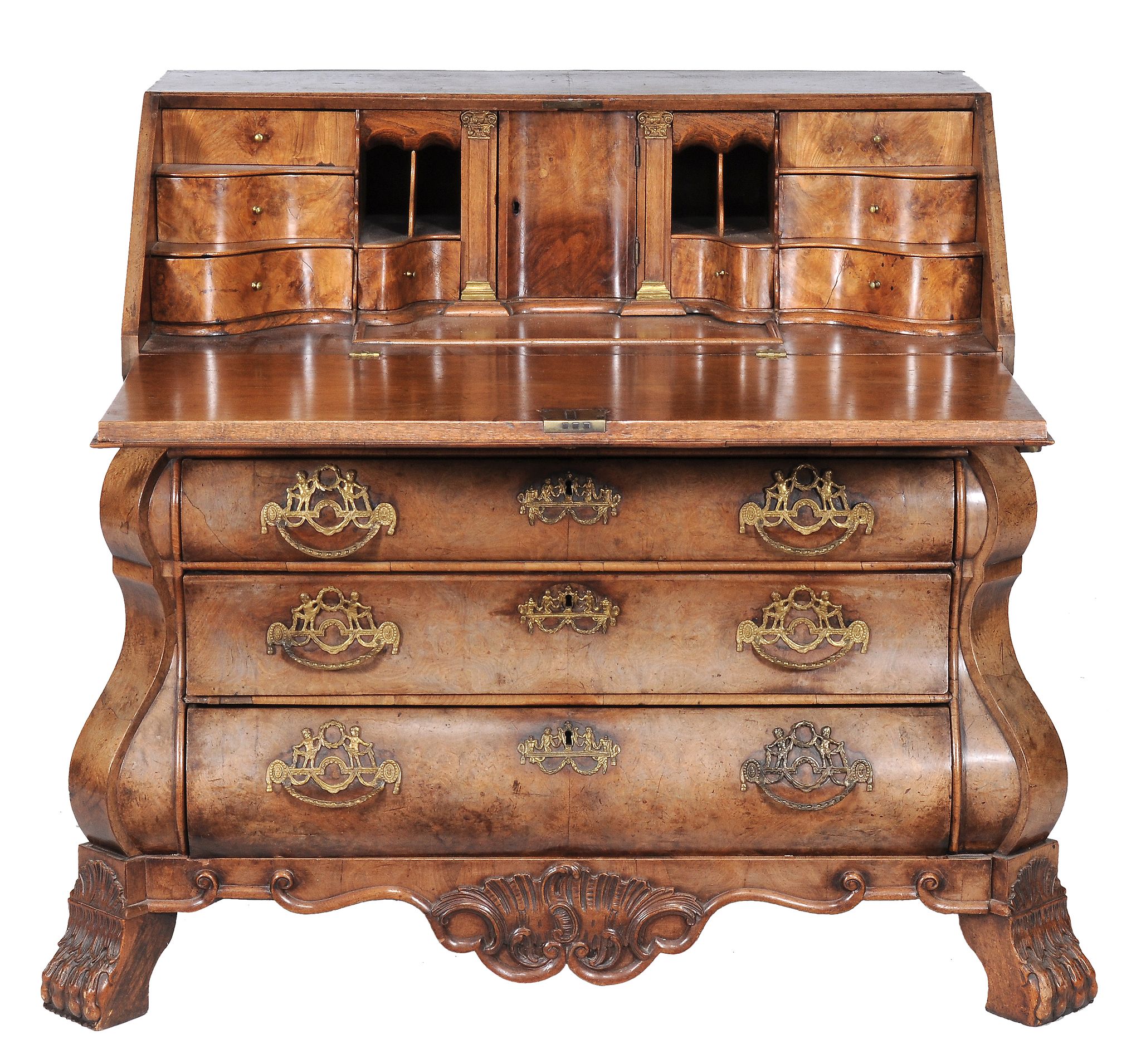 A Dutch walnut bureau, late 18th century, the rectangular fall opening to an...  A Dutch walnut