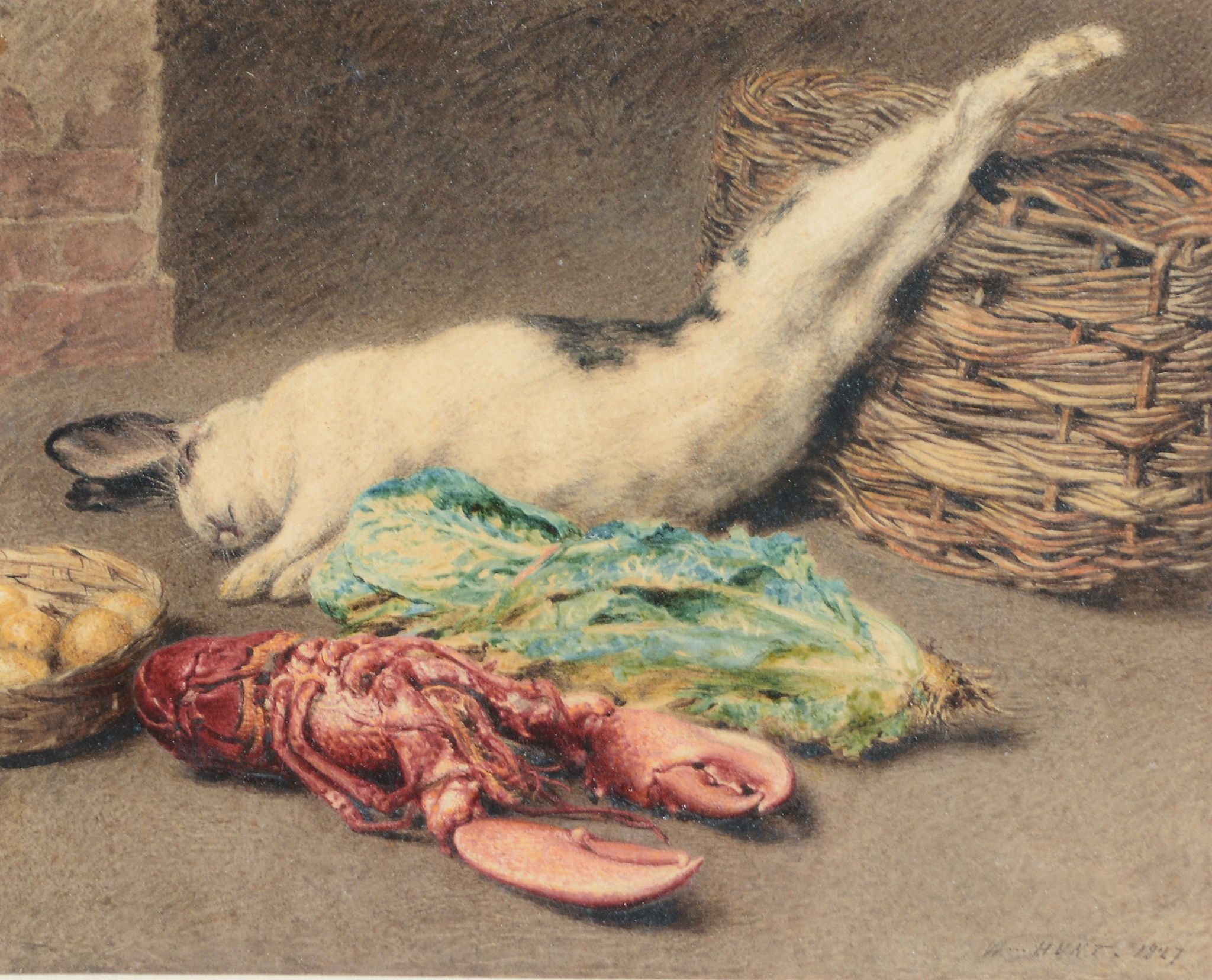 Follower of William Henry Hunt (1790-1864) - Still life with rabbit, lobster and wicker basket