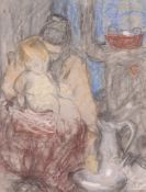 Beatice How (1867-1932) - Antoinette et sa bebe Pastels on grey coloured paper Initialled in