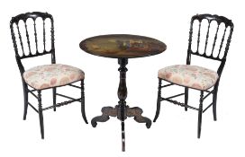 A Victorian black lacquer and polychrome painted circular occasional table  A Victorian black
