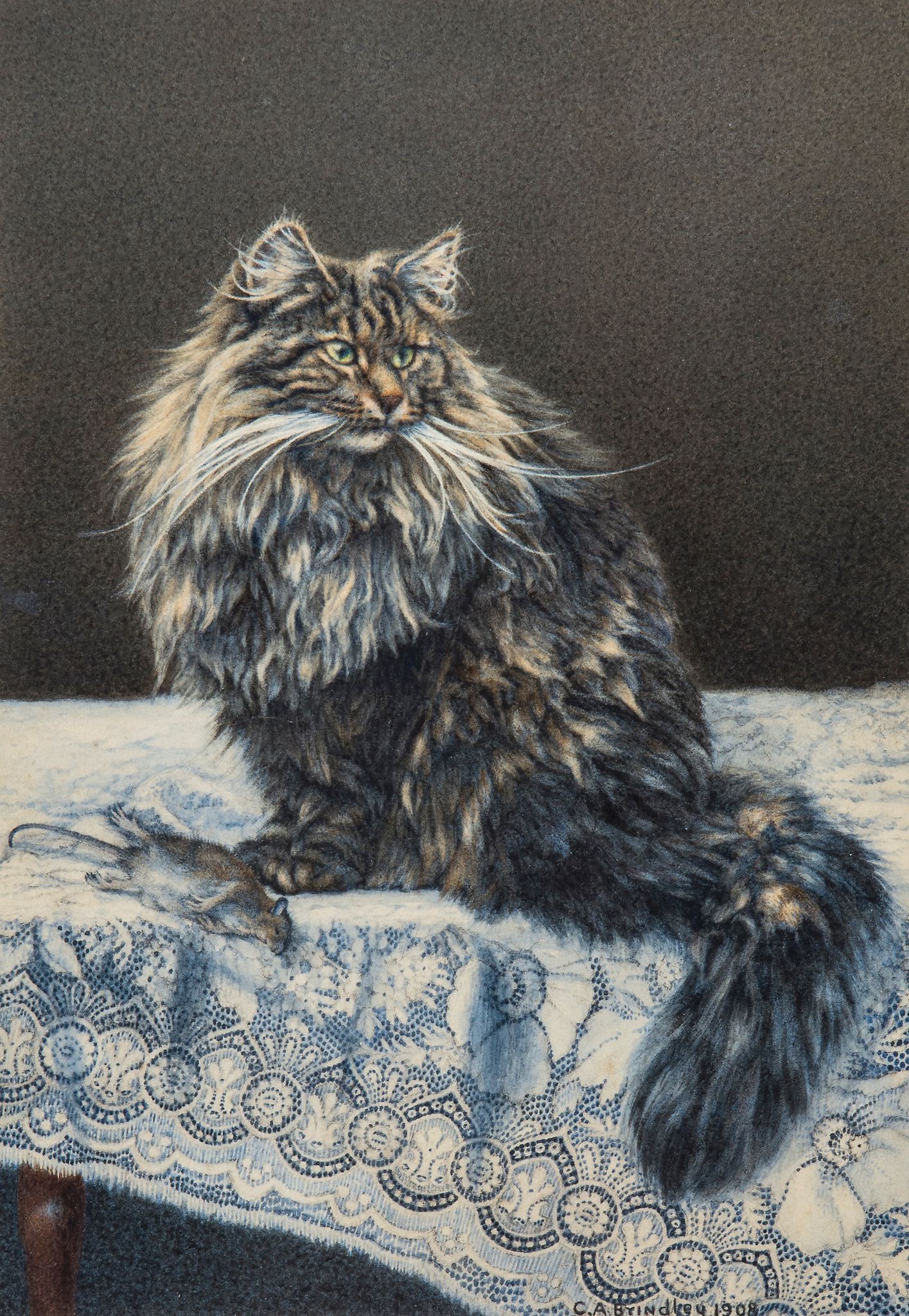 Charles A. Brindley (fl.1880-1916) - Study of a Persian cat, on lace tablecloth with rodent prey,