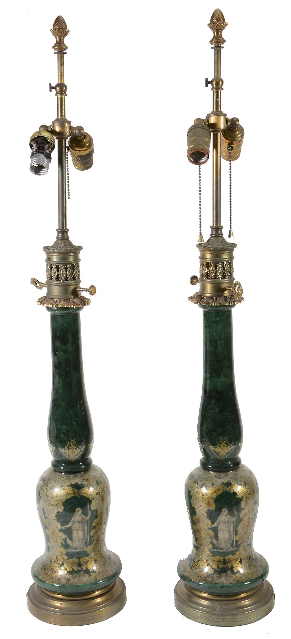 A pair of reverse decorated glass and gilt metal mounted table lamps  A pair of reverse decorated