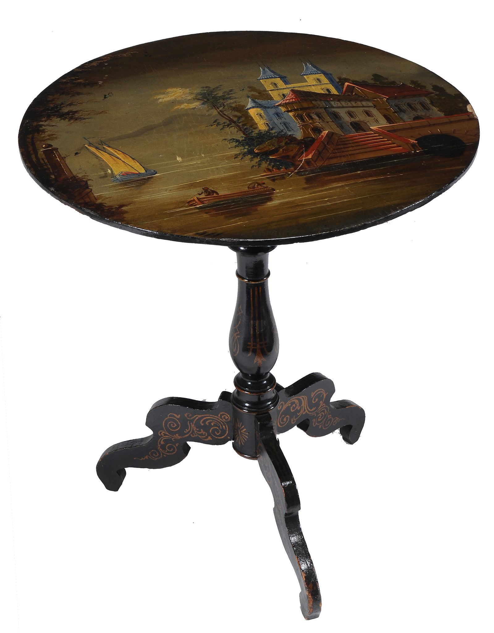 A Victorian black lacquer and polychrome painted circular occasional table  A Victorian black - Image 3 of 4