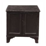 A Victorian ebonised and decoupage decorated wood table cabinet  A Victorian ebonised and  decoupage