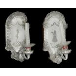 A pair of Venetian moulded and etched glass girandoles in 18th century style  A pair of Venetian