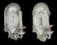 A pair of Venetian moulded and etched glass girandoles in 18th century style  A pair of Venetian