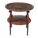 A Continental mahogany and marquetry circular two tier tray top table  A Continental mahogany and