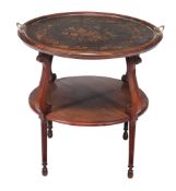 A Continental mahogany and marquetry circular two tier tray top table  A Continental mahogany and
