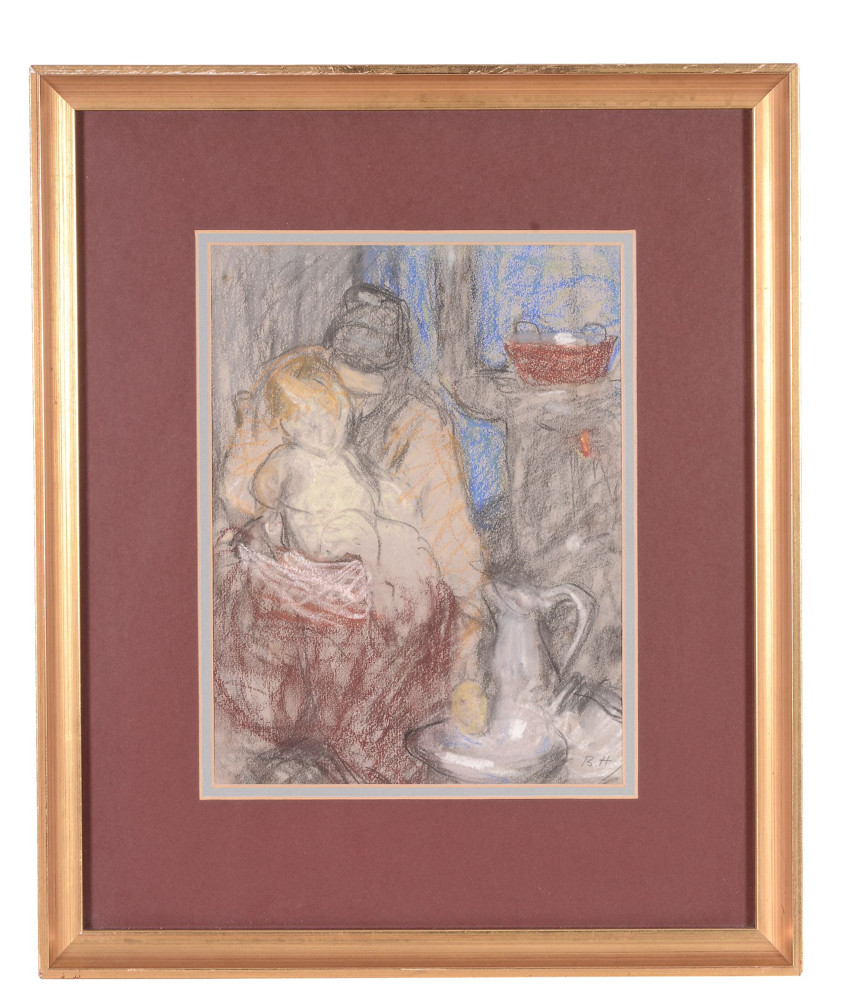 Beatice How (1867-1932) - Antoinette et sa bebe Pastels on grey coloured paper Initialled in - Image 3 of 3