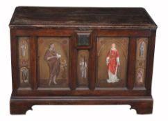 An oak and painted panelled coffer, 20th century  An oak and painted panelled coffer,   20th