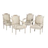 A set of four cream painted and parcel gilt armchairs in Louis XVI style  A set of four cream