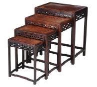 A Chinese nest of four hardwood and burr wood tables  A Chinese nest of four hardwood and burr
