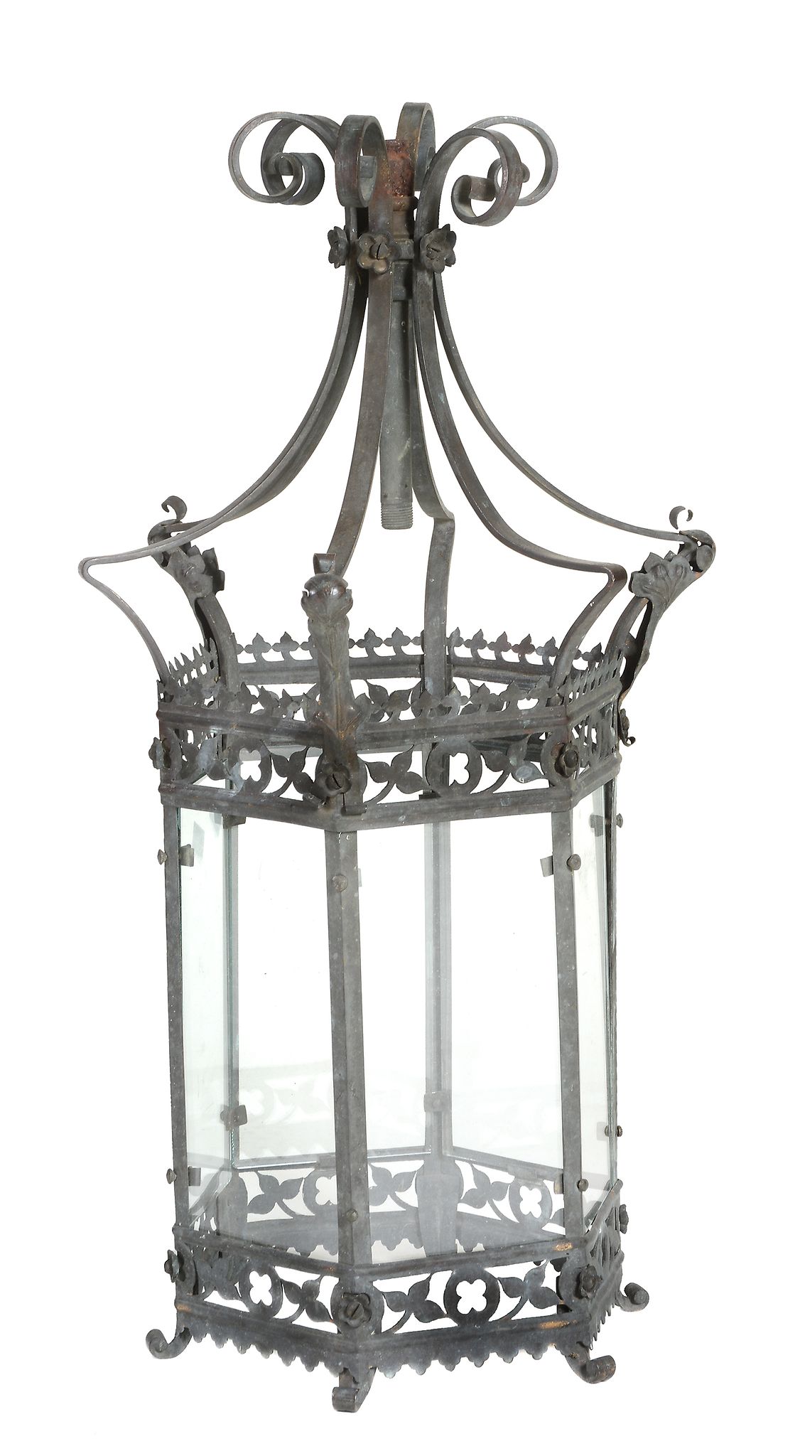 A copper and glazed hall lantern, late 19th century, of hexagonal section  A copper and glazed