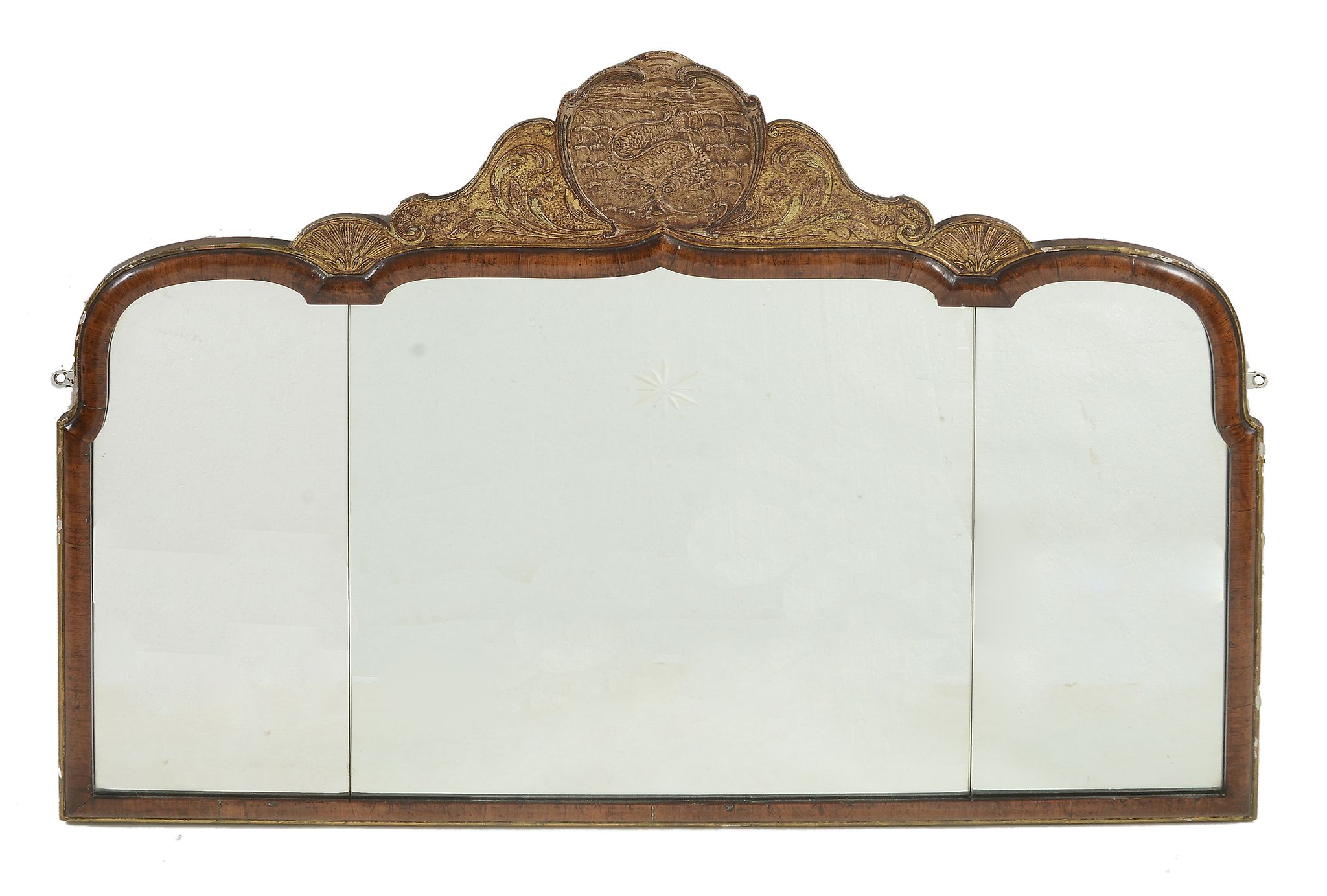 A walnut and giltwood wall mirror in Queen Anne style, circa 1900  A walnut and giltwood wall mirror