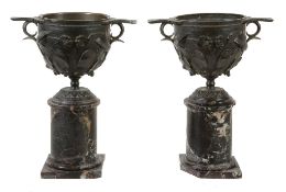 A pair of French patinated bronze and marble mounted models of Roman skyphos...  A pair of French