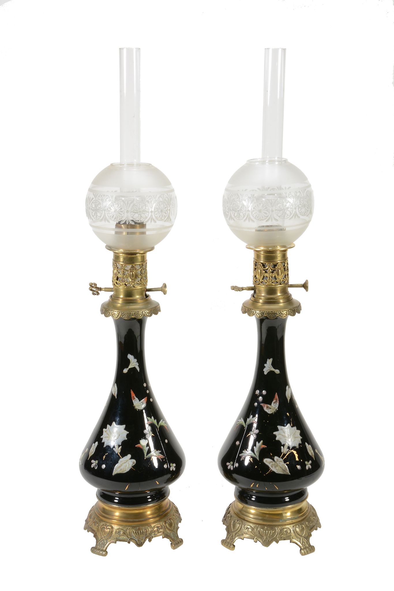 A pair of Continental porcelain and gilt metal mounted table oil lamps  A pair of Continental - Image 3 of 4